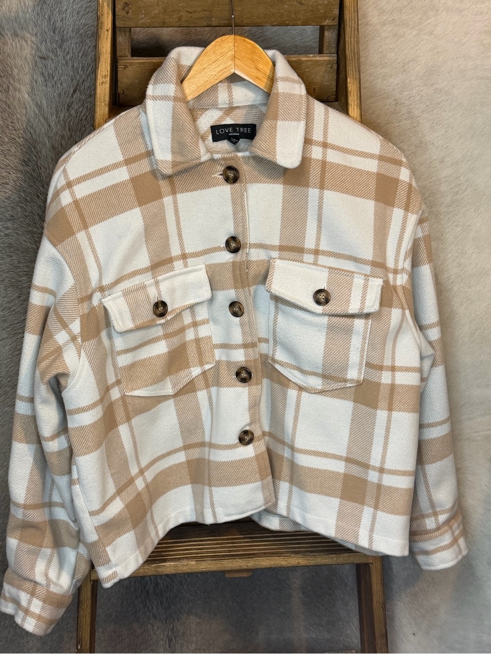 Shacket by Love Tree Cream and Tan Plaid Utility size medium